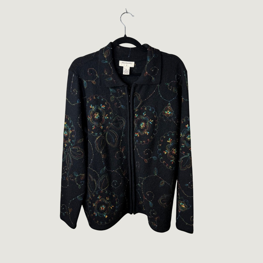 Bechamel II Wool Zip Cardigan Sweater Black Floral Embroidered 1X Boho Fall